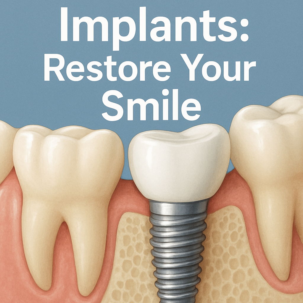 An image showcasing a dental implant seamlessly integrated into a patient's jawbone, highlighting its natural appearance and stability, with an overlaying text "Implants: Restore Your Smile".
