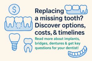 Photo showcasing three options for replacing a missing tooth; a dental implant, a dental bridge, and dentures. No text on image.