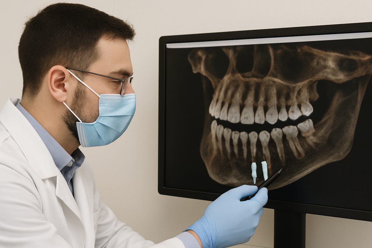 A dentist is pointing to a 3D x-ray of a patient's mouth, using the scan to plan for safe teeth implant placement.