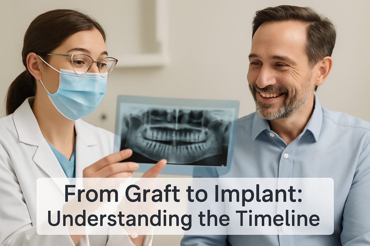 Image of a dentist examining a dental x-ray with a patient, discussing bone graft and dental implant timelines. The image should have a friendly, reassuring atmosphere and include the text: "From Graft to Implant: Understanding the Timeline".