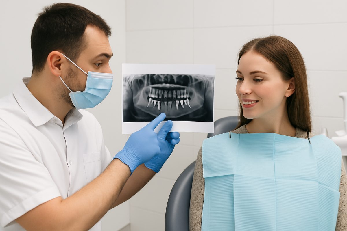 A dentist is pointing to a jaw x-ray, explaining the advantages of dental implants to a patient. There is no text on the image.