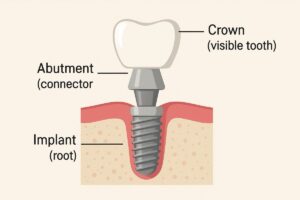 An infographic explaining "what is dental implant", including a diagram of the three main parts: the implant (root), the abutment (connector), and the crown (the visible tooth). No text on the image.
