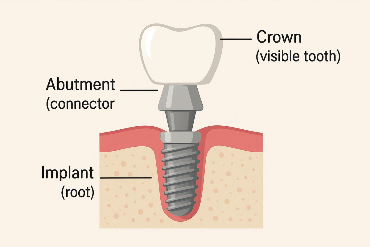 An infographic explaining "what is dental implant", including a diagram of the three main parts: the implant (root), the abutment (connector), and the crown (the visible tooth). No text on the image.