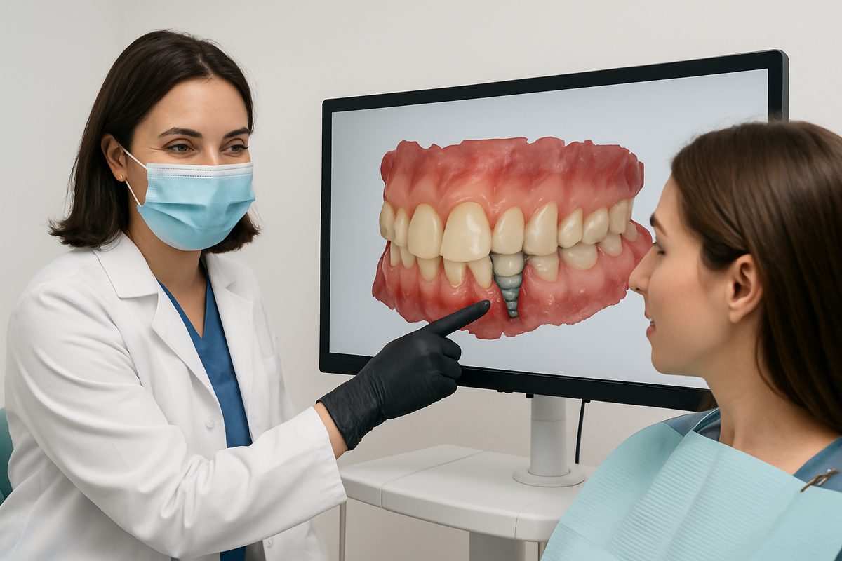 Image of a dentist showing a patient a digital scan of their mouth, with a dental implant visible on the screen. No text on the image.