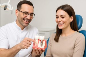 Image of a dentist showing a patient a 3D model of a dental implant replacing a missing tooth, with a focus on restoring the patient's smile and bite function. No text on image.