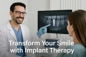 Image of a dentist smiling at a patient, pointing to a digital scan of implant th on a monitor. Text on the image says "Transform Your Smile with Implant Therapy".