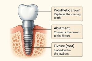 Detailed illustration of a dental implant, highlighting and labeling the three main parts: the fixture (root) embedded in the jawbone, the abutment connecting the fixture to the crown, and the prosthetic crown, with callouts explaining the function of each component. No text on the image.
