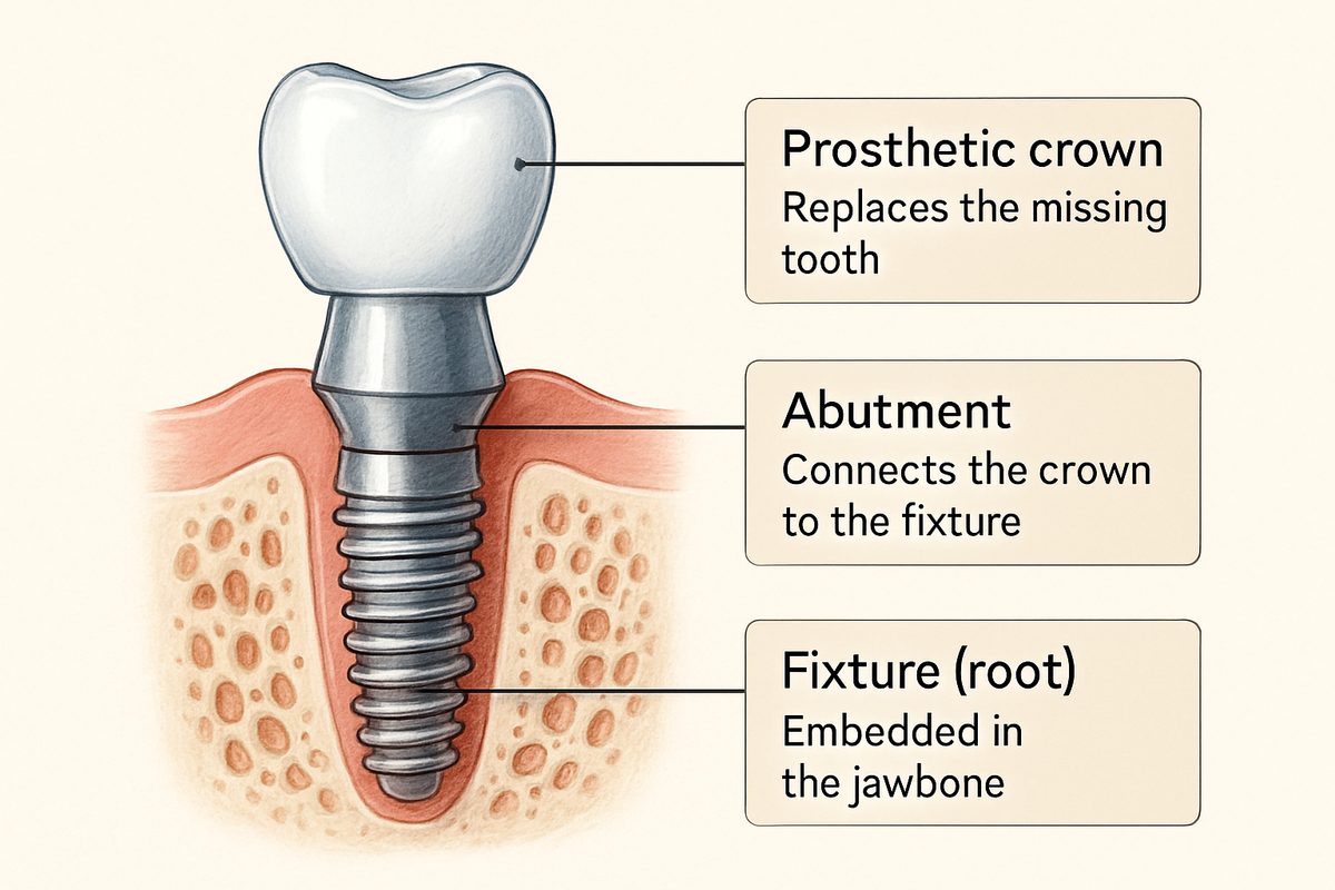 Detailed illustration of a dental implant, highlighting and labeling the three main parts: the fixture (root) embedded in the jawbone, the abutment connecting the fixture to the crown, and the prosthetic crown, with callouts explaining the function of each component. No text on the image.
