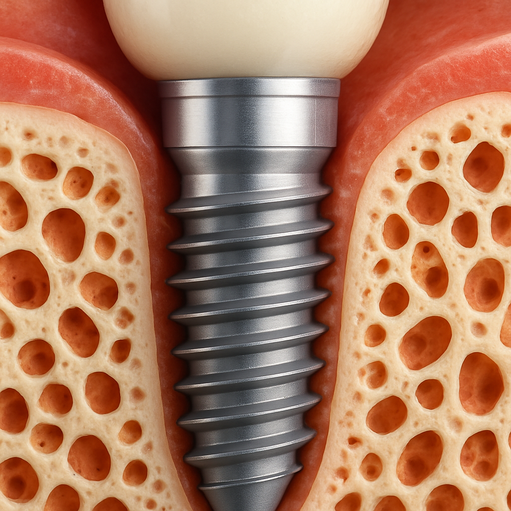 Close up animated image of a titanium dental implant integrating into a patient's jawbone, showing osseointegration. No text on the image.
