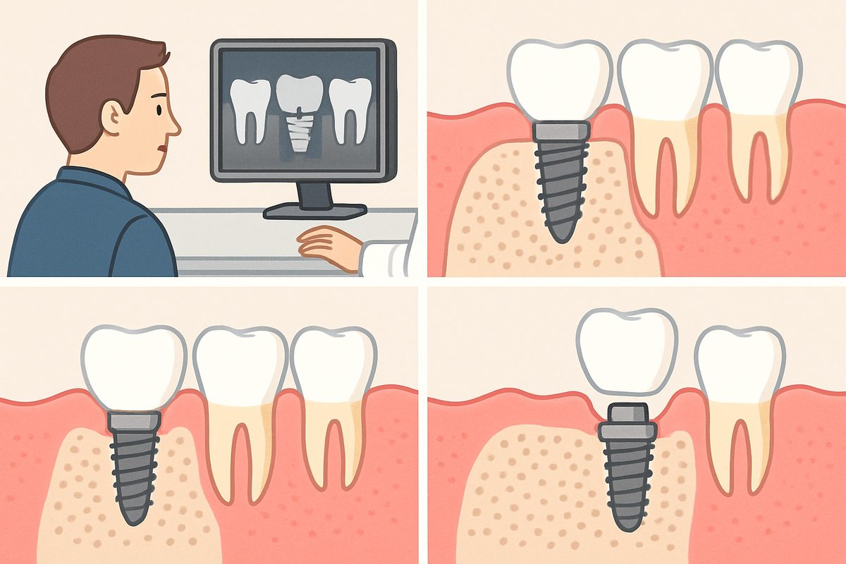 An illustration showcasing the process of implant dental works, from initial consultation and implant placement to the final restoration with a crown. No text on image.