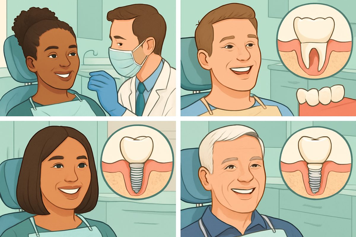 Illustration of the dental implants procedure steps, from consultation to the final crown placement. Show a diverse group of patients with healthy smiles. No text on image.