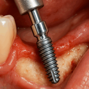 Close up of a titanium dental implant being placed into a patient's jawbone. The dental implant is shiny and new, ready to receive a false tooth. No text on image.