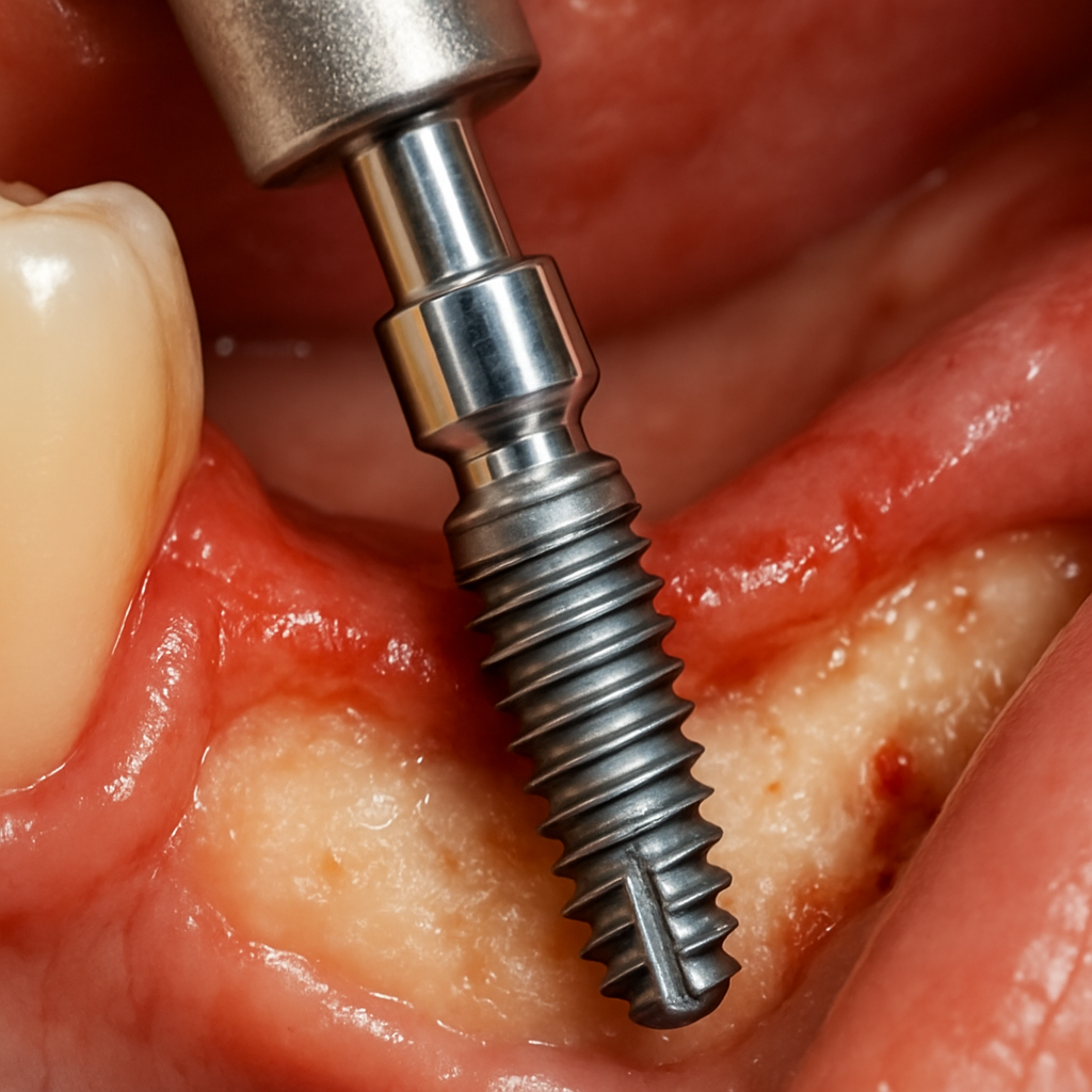 Close up of a titanium dental implant being placed into a patient's jawbone. The dental implant is shiny and new, ready to receive a false tooth. No text on image.