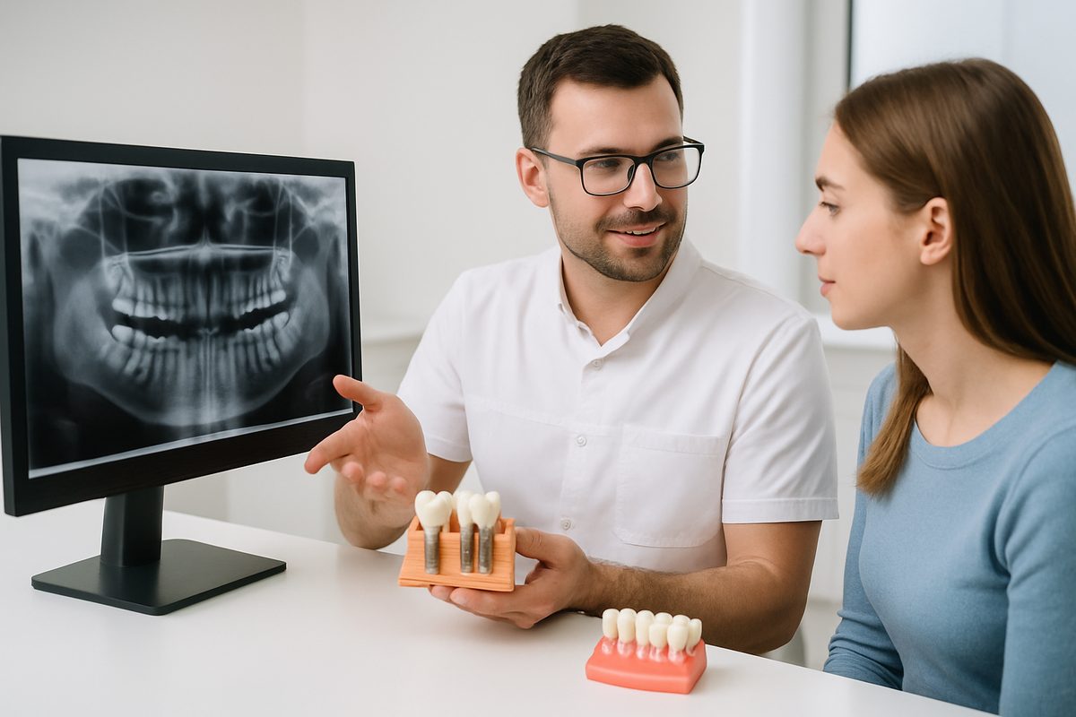 A modern dental office setting with a dentist consulting with a patient about dental implant options, showing X-rays and models. No text on the image.