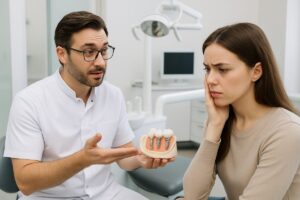 A dentist is explaining the safety of dental implants to a concerned patient, using a model of a jaw with implants. The scene is in a modern dental office. No text on image.