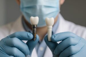 Close up shot of a dentist holding both a titanium and zirconia dental implant, highlighting the subtle differences in material and color. No text on the image.