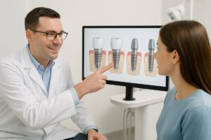 A dentist is consulting with a patient, pointing to a scan of different types of dental implants.