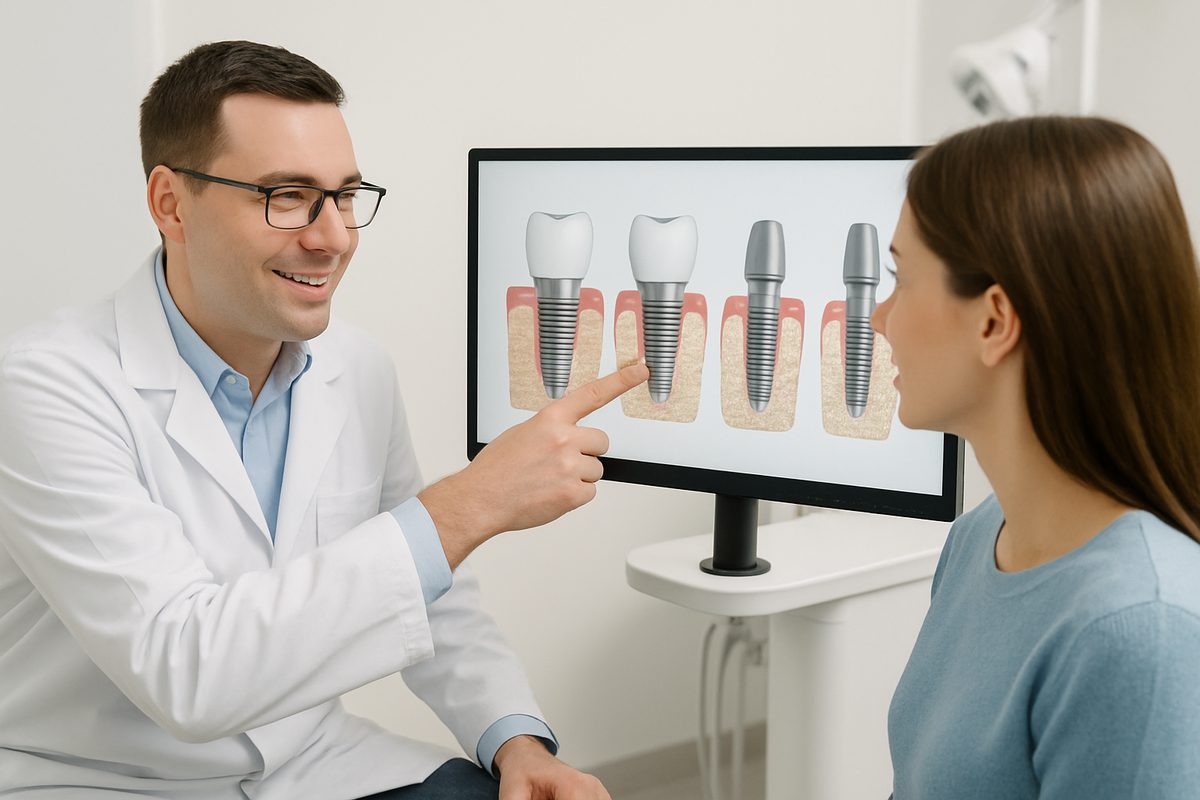 A dentist is consulting with a patient, pointing to a scan of different types of dental implants.