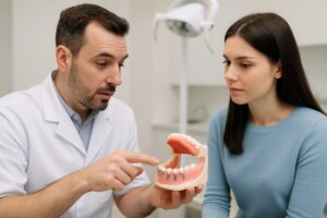 A dentist is pointing to a 3D model of the lower jaw with dental implants in place during a consultation with a patient. No text on the image.