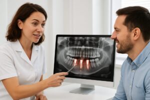 A dentist is consulting with a patient, pointing to a digital scan of their jaw with dental implant placement highlighted. The dentist is explaining the implantation dental procedure and the benefits of choosing dental implants for tooth replacement. No text on the image.