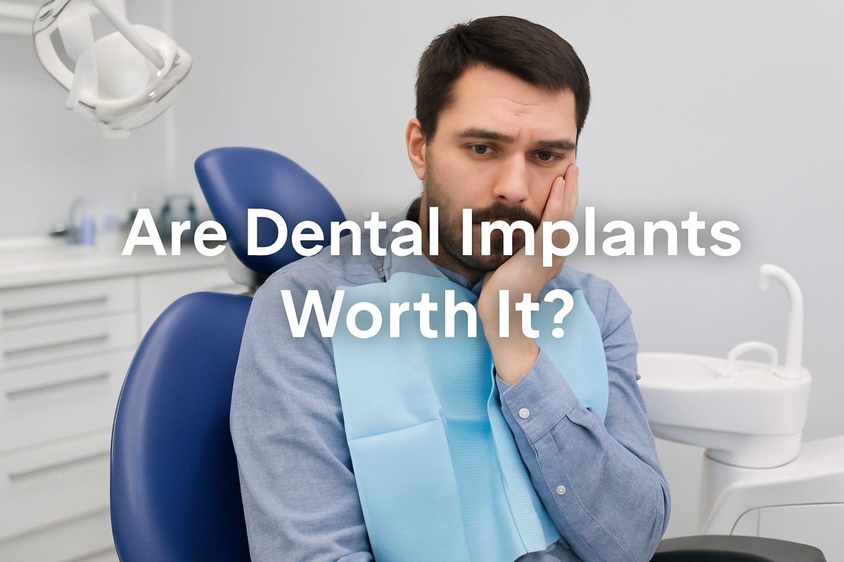 A worried patient is sitting in the dentist chair, thinking about the cost of dental implants. Overlay text on the image reads "Are Dental Implants Worth It?".