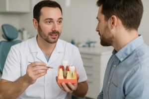 Photo of a dentist explaining a dental implant procedure to a patient, using a model of a jaw with a single tooth implant. No text on the image.