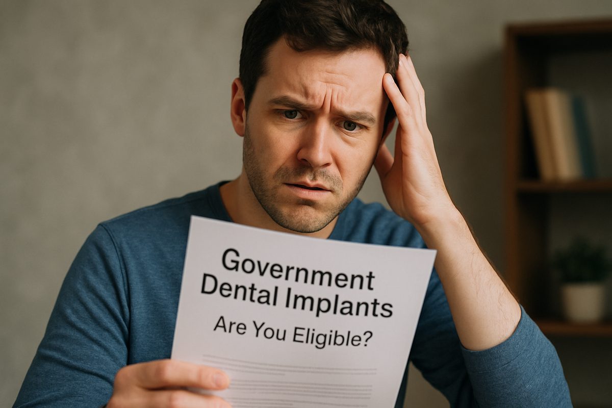 A person looking concerned and confused while reading a document titled "Government Dental Implants: Are You Eligible?". The image should convey the complexity and potential frustration of navigating government dental programs. No text on face.