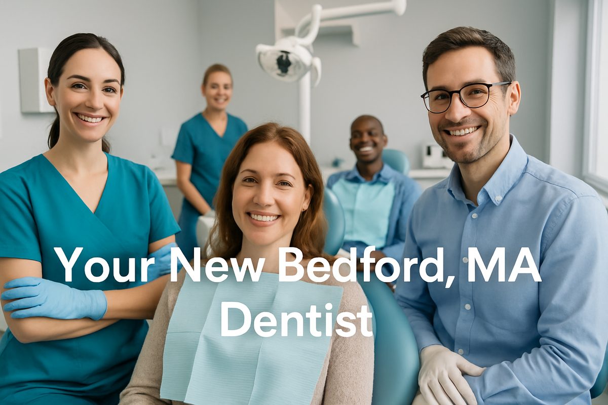A modern dental office in New Bedford, MA with happy patients and friendly staff. The text on the image says "Your New Bedford, MA Dentist".