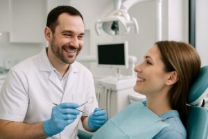 A friendly dentist in New Bedford, MA smiles reassuringly at a patient during a routine check-up. The modern dental office is clean and bright, equipped with advanced technology. No text on the image.
