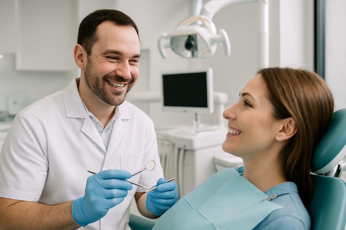 A friendly dentist in New Bedford, MA smiles reassuringly at a patient during a routine check-up. The modern dental office is clean and bright, equipped with advanced technology. No text on the image.