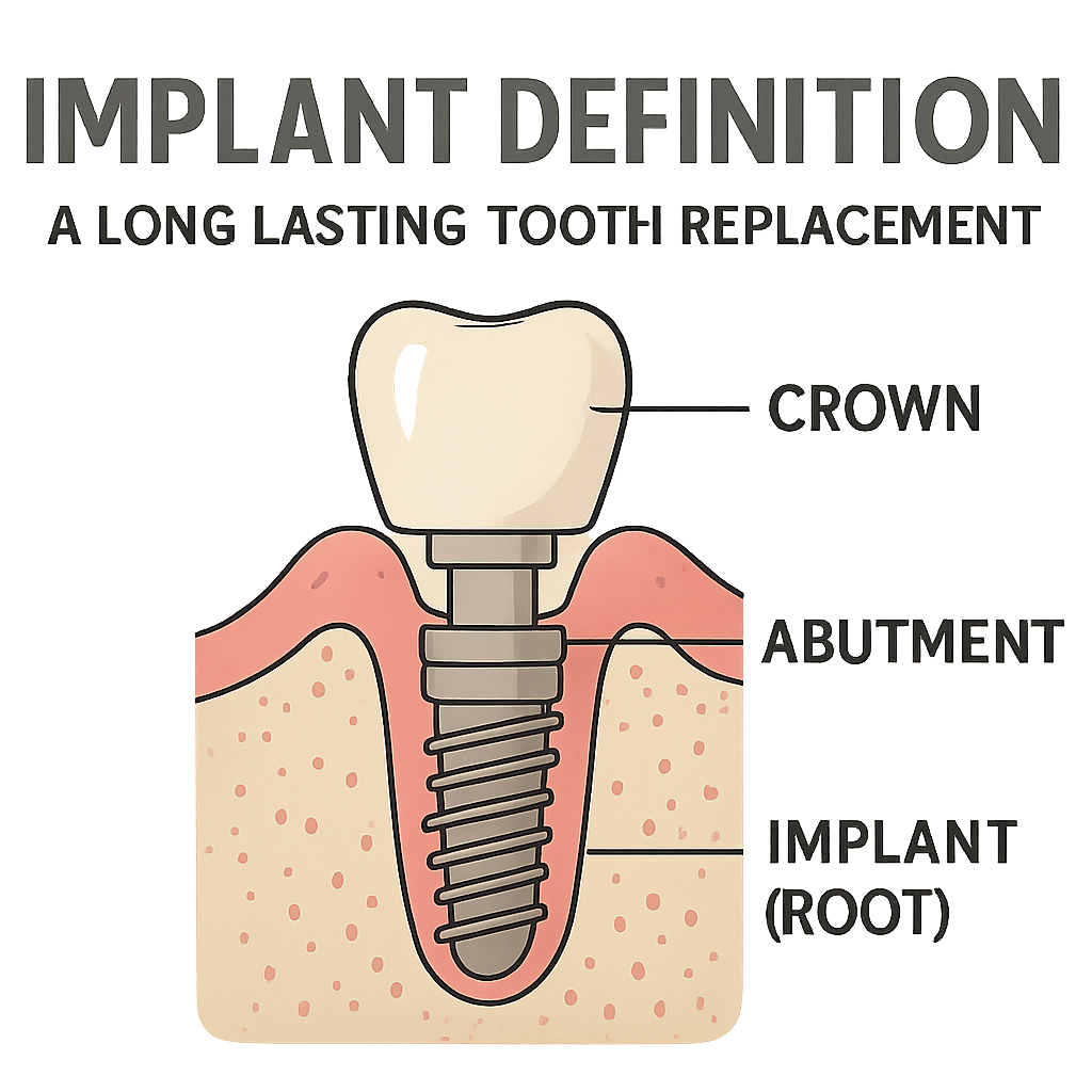An infographic clearly defining a dental implant with labeled parts: the implant (root), abutment, and crown. The surrounding text says: "Implant Definition: A Long Lasting Tooth Replacement"