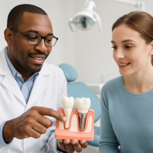Image of a dentist explaining the dental implant process to a patient using a model of a jaw with implants. The dentist is pointing to the implant on the model. No text on image.