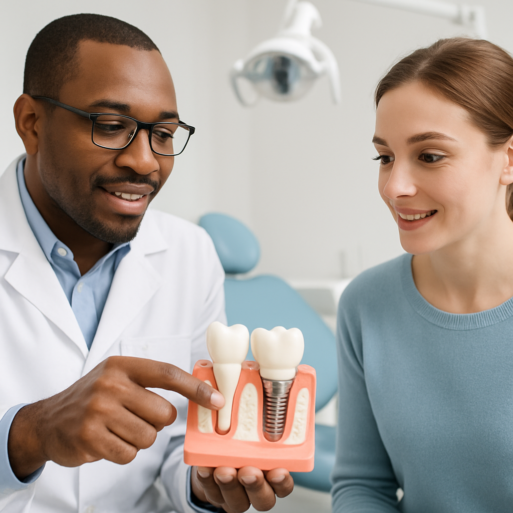 Image of a dentist explaining the dental implant process to a patient using a model of a jaw with implants. The dentist is pointing to the implant on the model. No text on image.