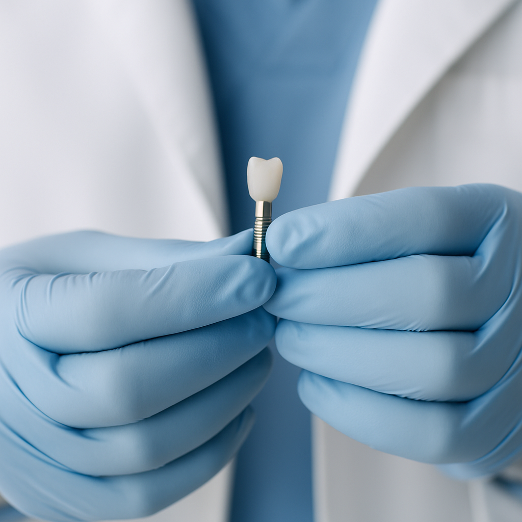 Close up studio shot of a dentist's hands holding a abutment. No text on image.