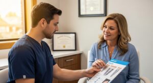 Dentist and patient discussing dental implant plans in a New Bedford clinic