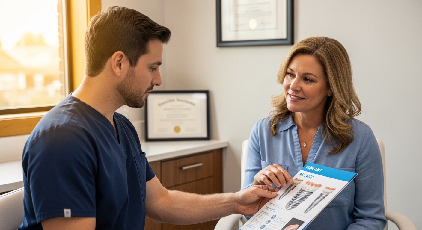 Dentist and patient discussing dental implant plans in a New Bedford clinic