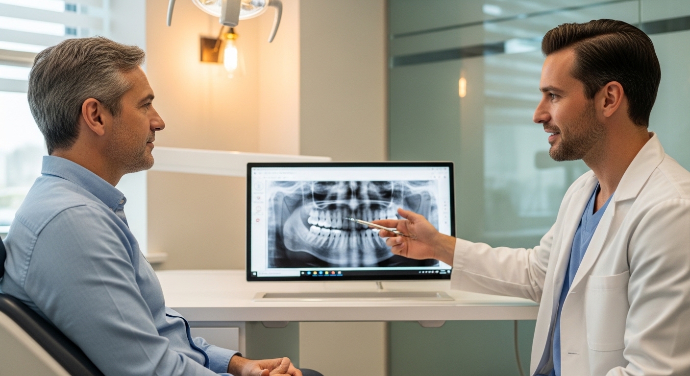 Dentist consulting with a patient in a modern New Bedford, MA dental office.