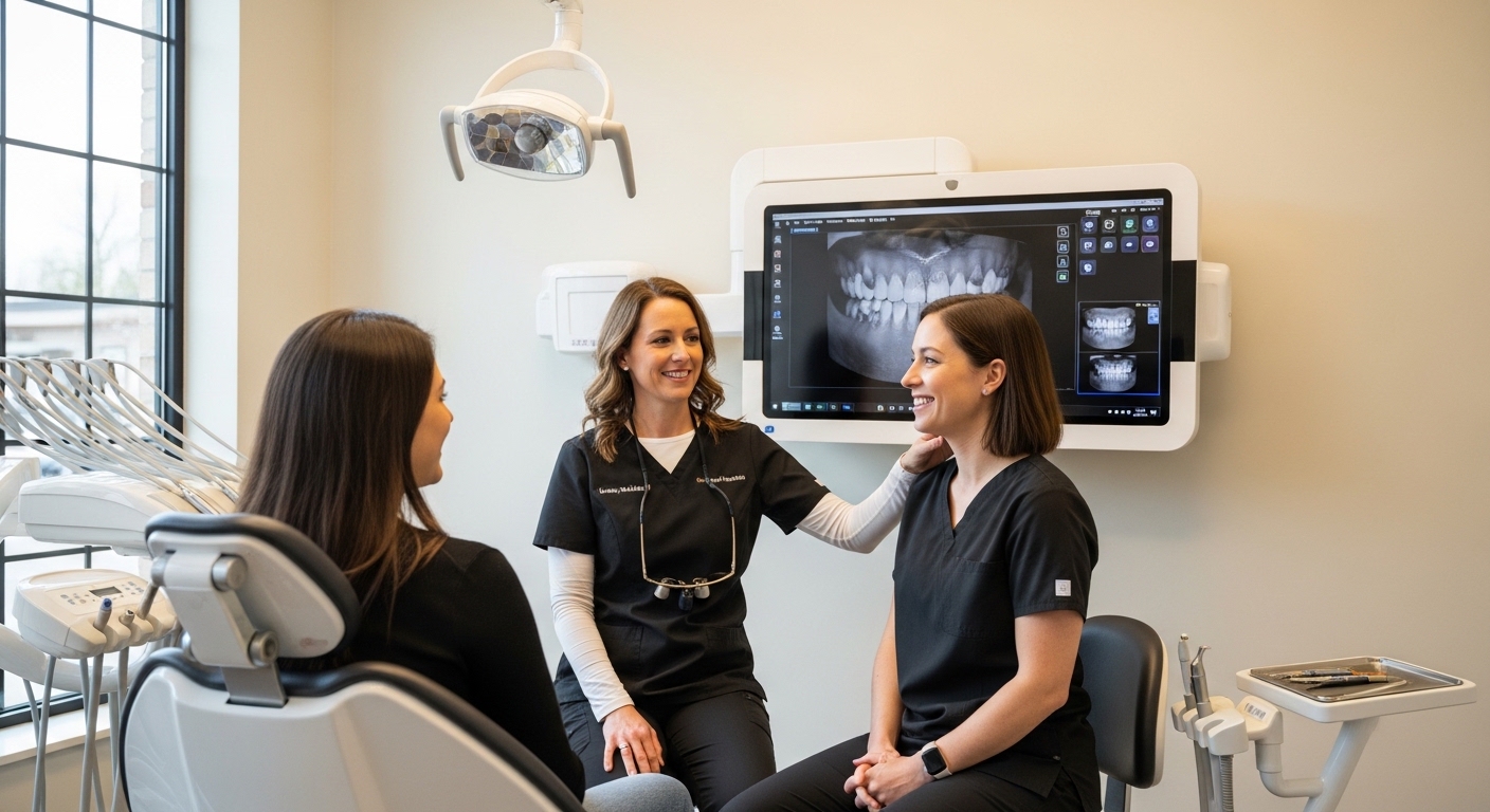 Dentist consulting with a patient in a modern dental office