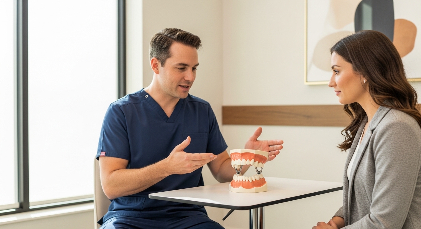 Dentist explaining dental bridges to a patient in a modern dental office