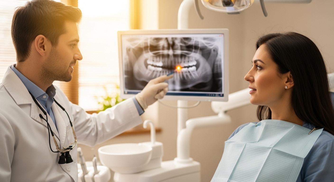 Dentist discussing root canal procedure with patient in a modern dental office