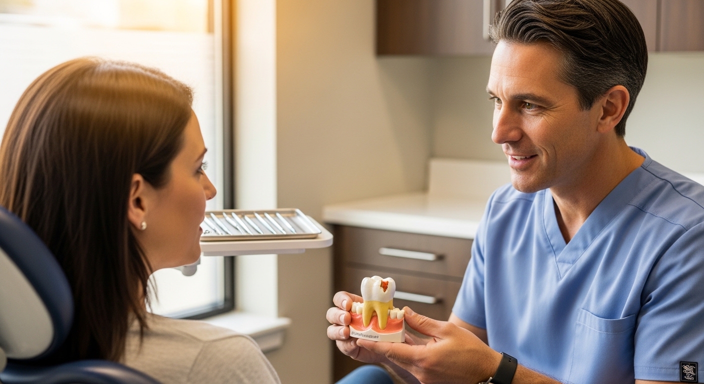 Dentist consulting a patient about a chipped tooth in a modern clinic setting
