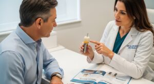 Patient consultation with dentist about dental implant materials