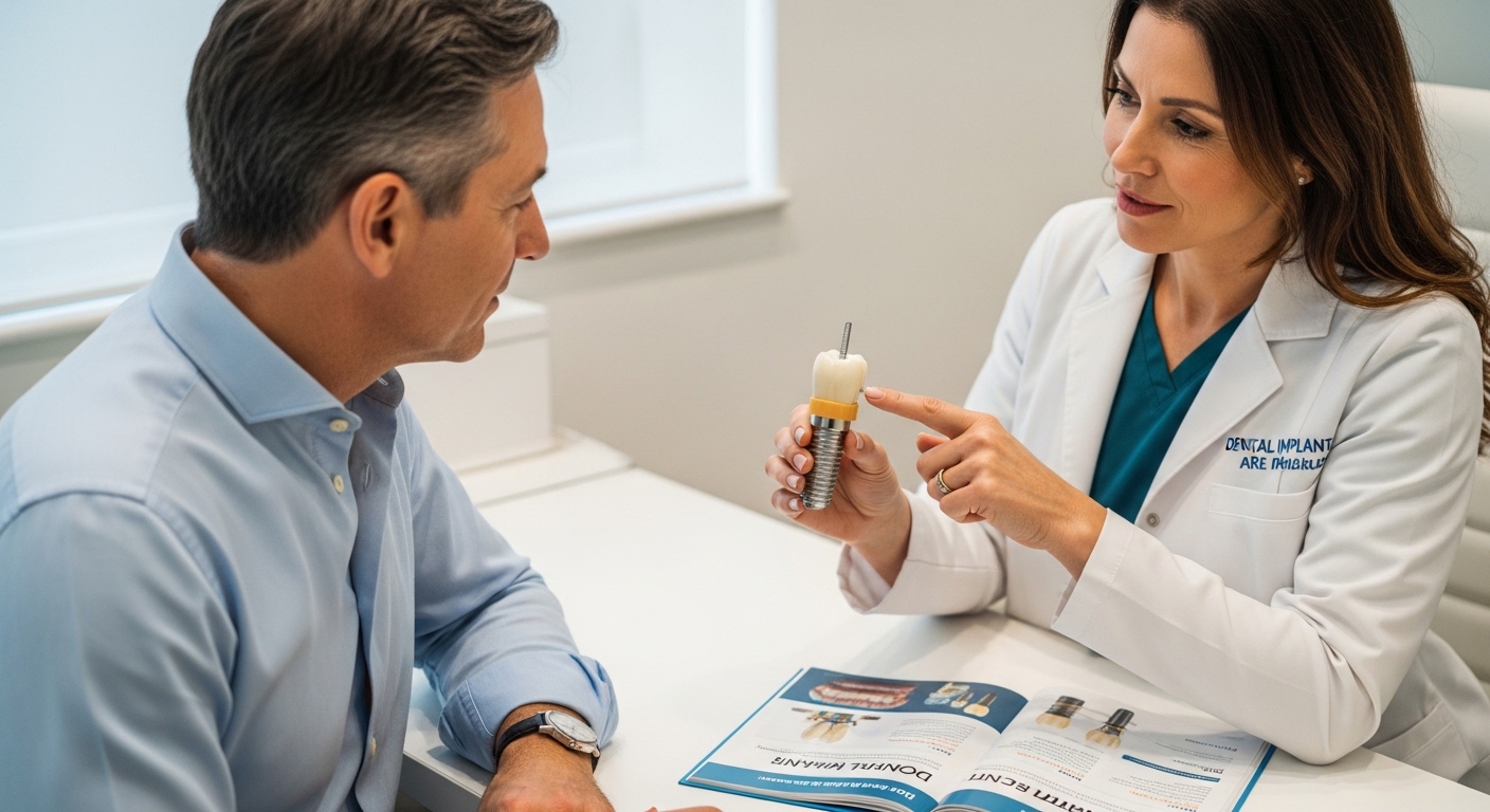 Patient consultation with dentist about dental implant materials