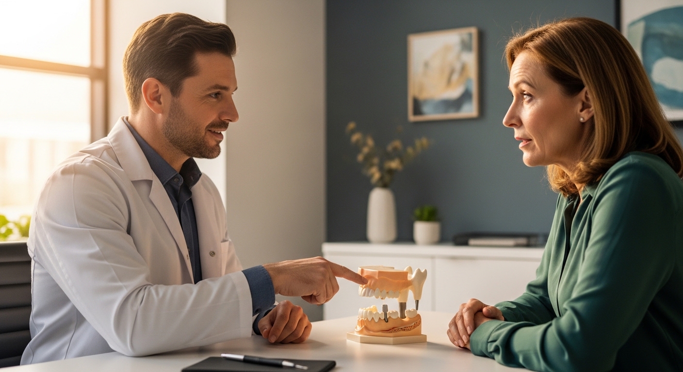 Dentist consulting with patient about dental implant side effects