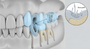 Dentist consulting with a patient about bone graft and implant timeline.