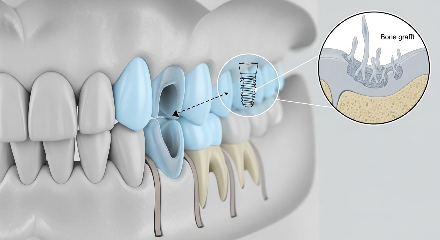 Dentist consulting with a patient about bone graft and implant timeline.