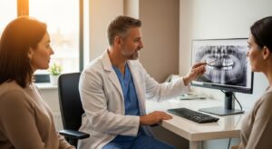 Dentist consulting a patient about a dental emergency in a modern clinic
