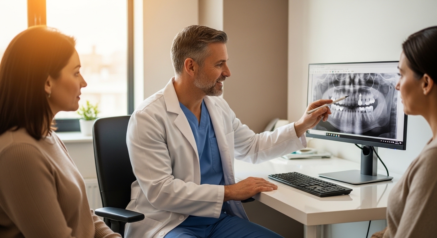 Dentist consulting a patient about a dental emergency in a modern clinic