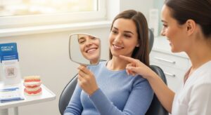 Patient consulting with dentist about porcelain veneers