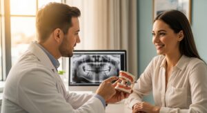 Dentist and patient discussing tooth replacement options in a modern office.